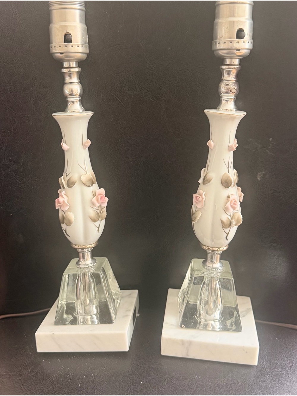 Vintage mid century porcelain boudoir Lamps with Pink Rose Appliqués and marble